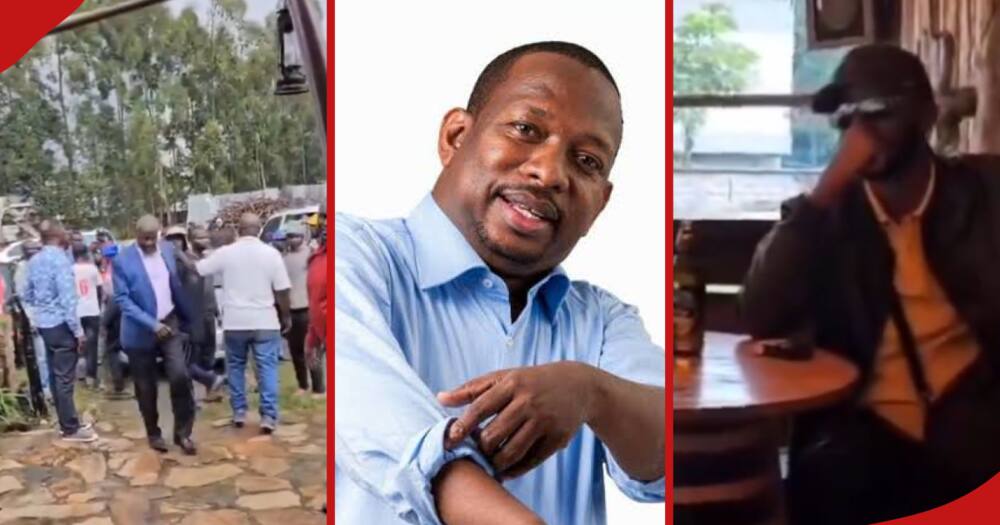 Mike Sonko (centre) talks to an angry crowd (left) that was trying to get physical with (Andrew Kibe)