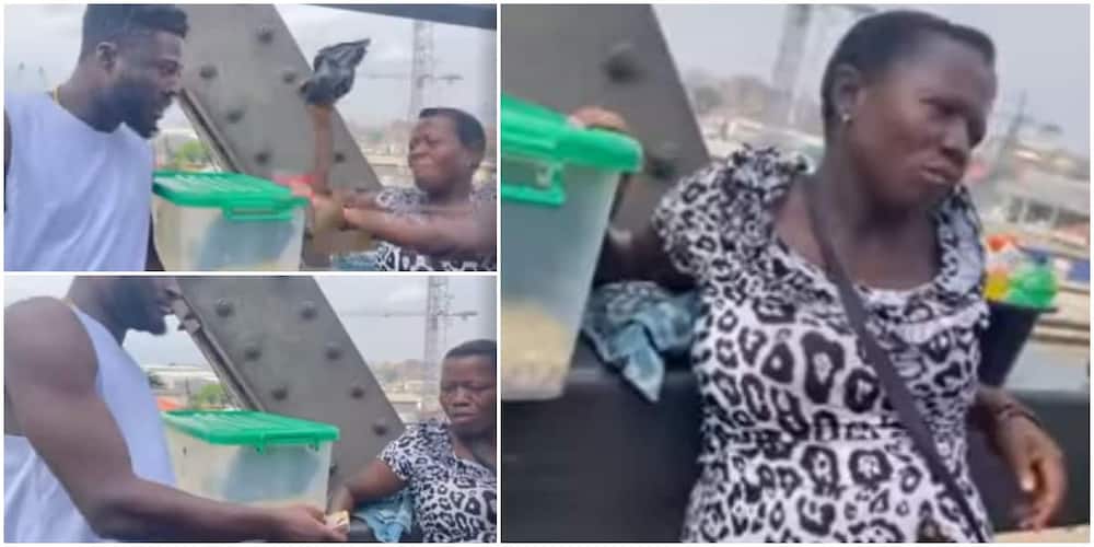 Sweet moment Nigerian man gifting a pregnant bridge hawker N100k melts hearts, video stirs reactions