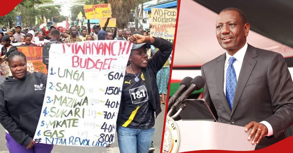 Collage of Kenyans protesting (l) and President William Ruto (r)