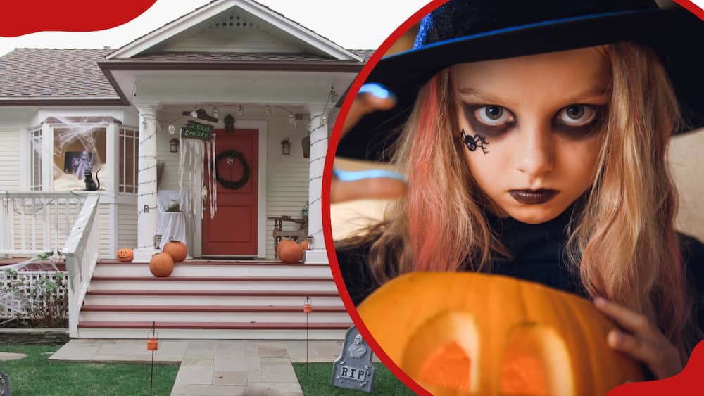 Halloween-themed house (L), a kid in Halloween make-up (R).