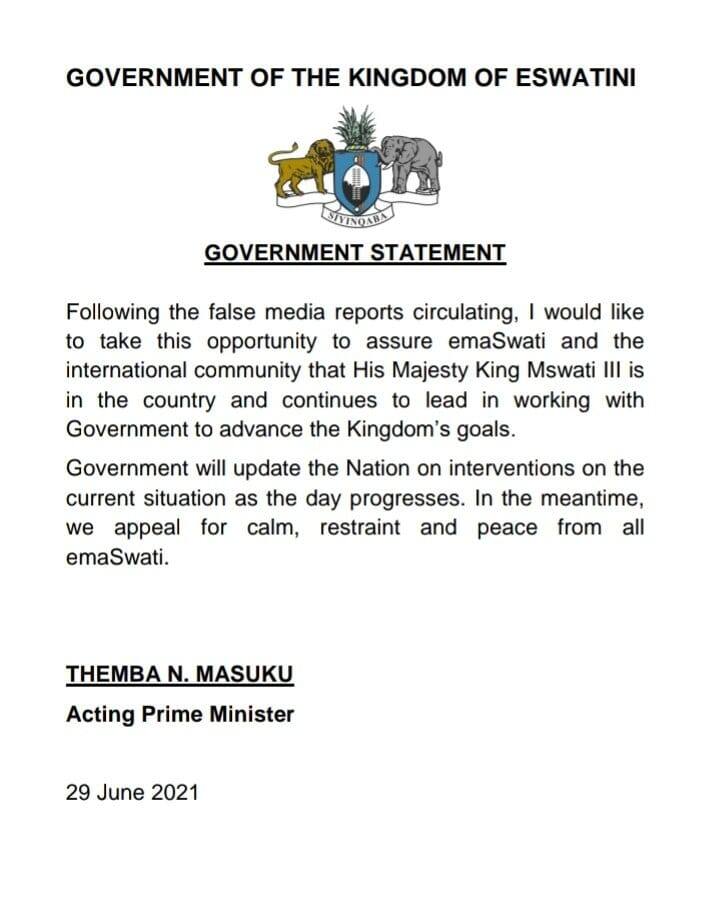Prime Minister Themba Masuku has issued a statement denying the media reports indicating that King Mswati has fled the country.