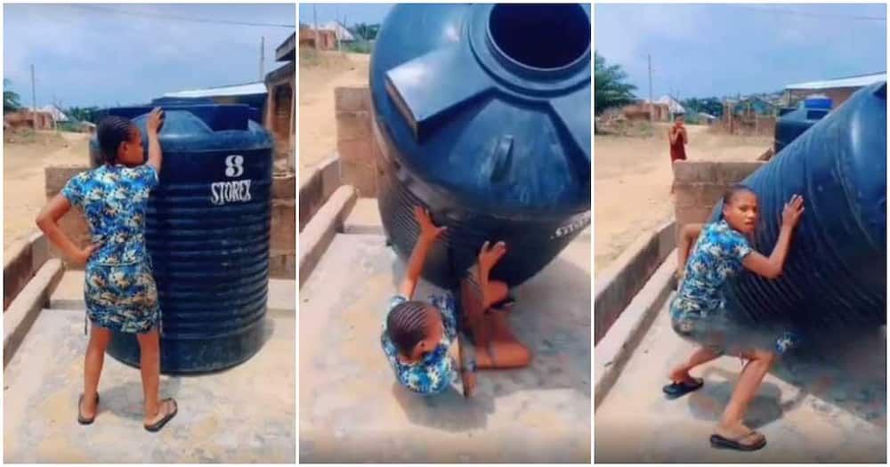 Hilarious reactions trail video of tank falling on Nigerian lady while she jumped on the #DropItChallenge.