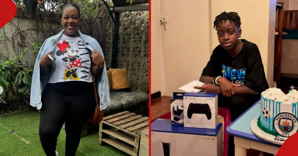 Content creator Murugi Munyi showing off her curves (l). Murugi's son Ethan and his gifts (r).