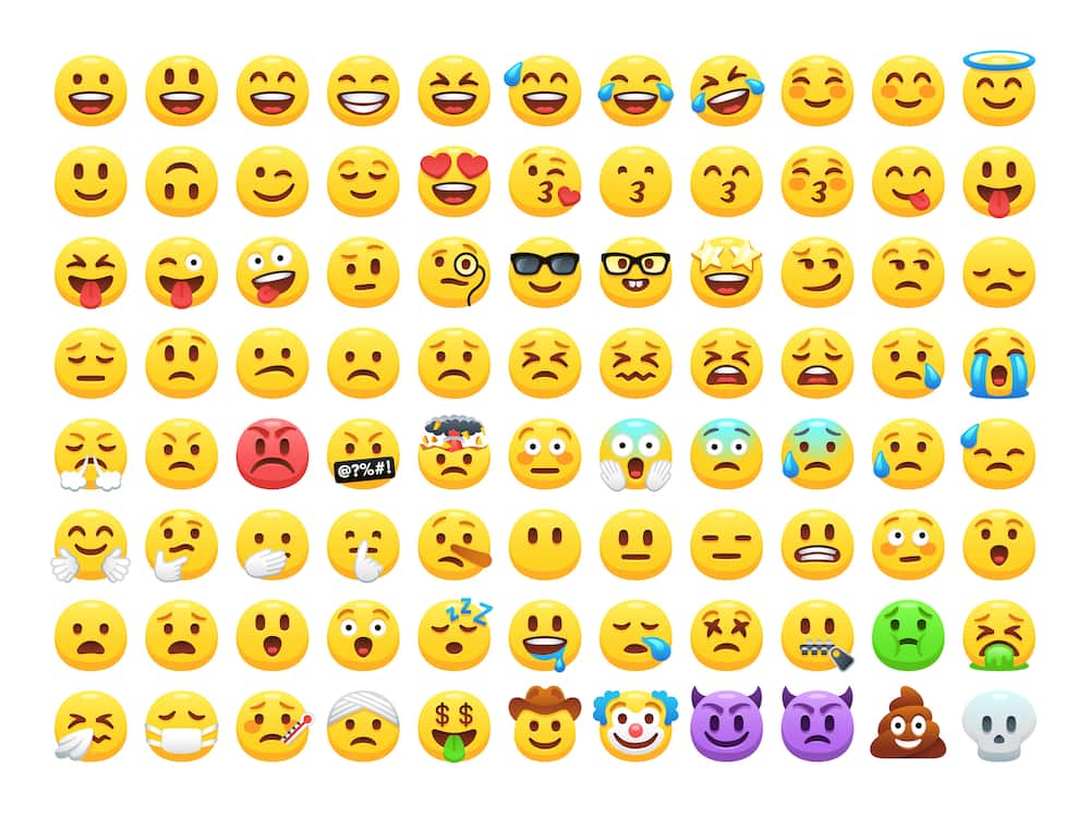 Funny cartoon yellow emoji and emotions icon collection.