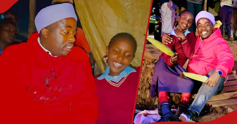 Well-wisher Karangu Muraya (with turban) spends time with Njeri, the schoolgirl who was selling maize at night.