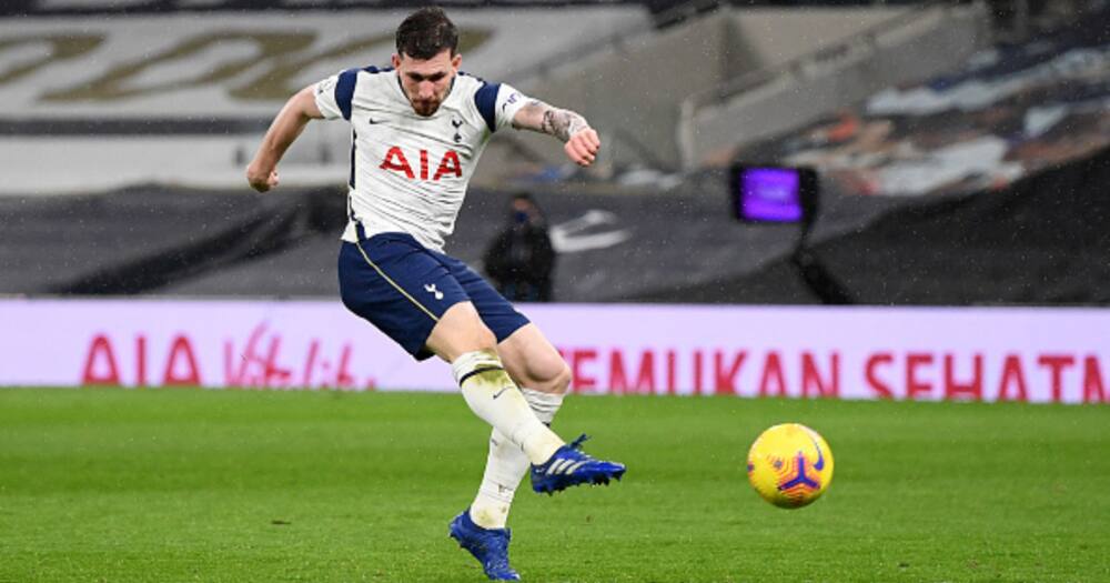 Pierre-Emile Hoejbjerg in action for Spurs during the Premier League match between Tottenham and Liverpool at Tottenham Hotspur Stadium on January 28, 2021. Photo by Shaun Botterill/Getty Images.