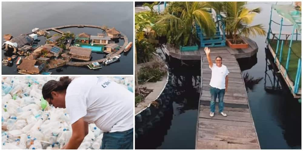 Eric built the floating hotel using 800,000 plastic bottles.