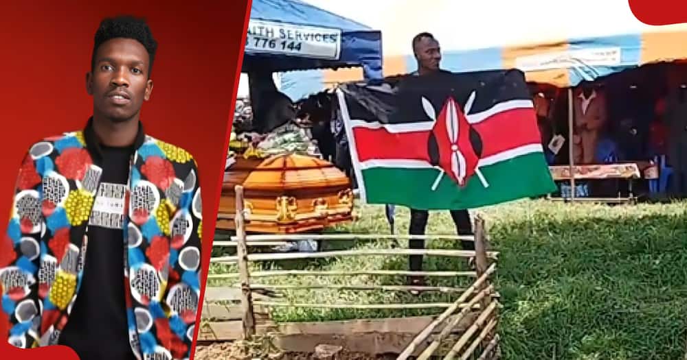 Michael Kihuga Nyaguthie and next frame shows a mourner with the flag of Kenya.