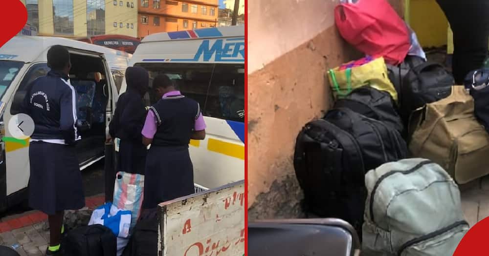 School girls stranded and next frames shows their bags.