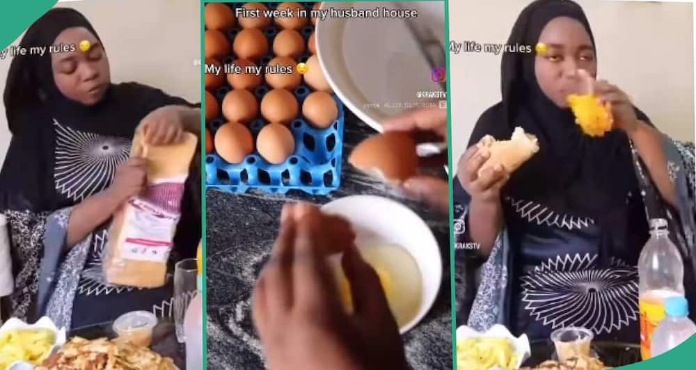 Video as lady fries a crate of eggs first week in husband's house, video shows her enjoying with big bread