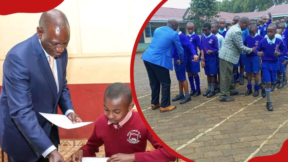 President Ruto supervises the opening of exam materials (L). Pupils are being frisked before the start of their examinations (R)