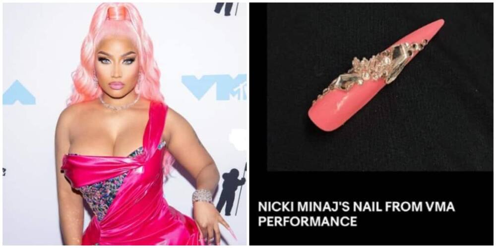 Photos of Nicki Minaj and a press-on nail. Photo: @nickiminaj, @ppantheres (Twitter).