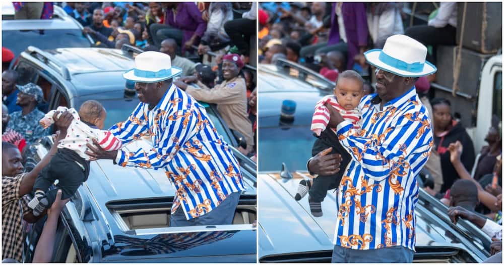 Raila Odinga delighted supporters after holding a baby during his rally in Kiambu. Photo: Raila Odinga.