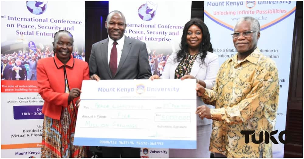 From Left: Peace ambassador Tecla Lorupe , MKU Pro chancellor Vincent Gaitho, MKU co-founder Jane Nyutu and NCIC chairperson Dr Samuel Kobia. Photo: Robson Sitati/TUKO.co.ke.