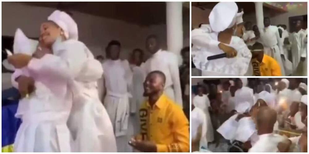 Lady attempts to flee as man proposes to her during church service, video stirs reactions.