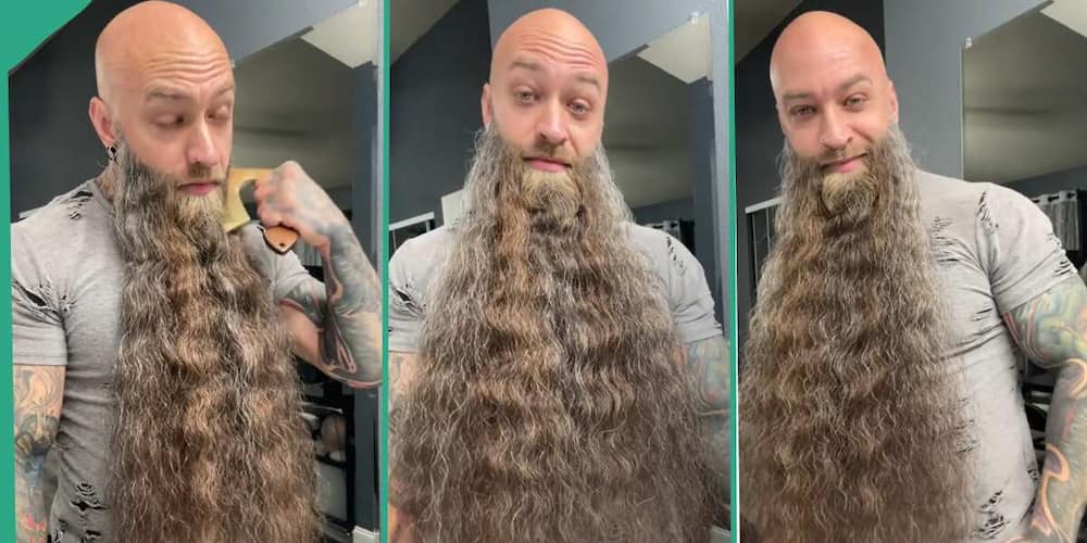 Man with long beard shows it off proudly.