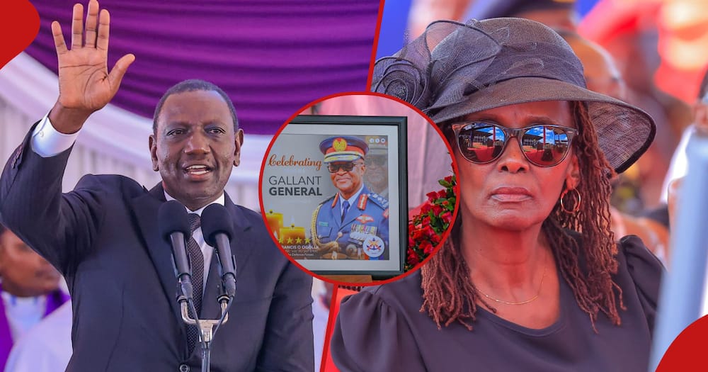 William Ruto (left frame) has promised a thorough probe on General Francis's (centred) death. The general's widow (right frame).
