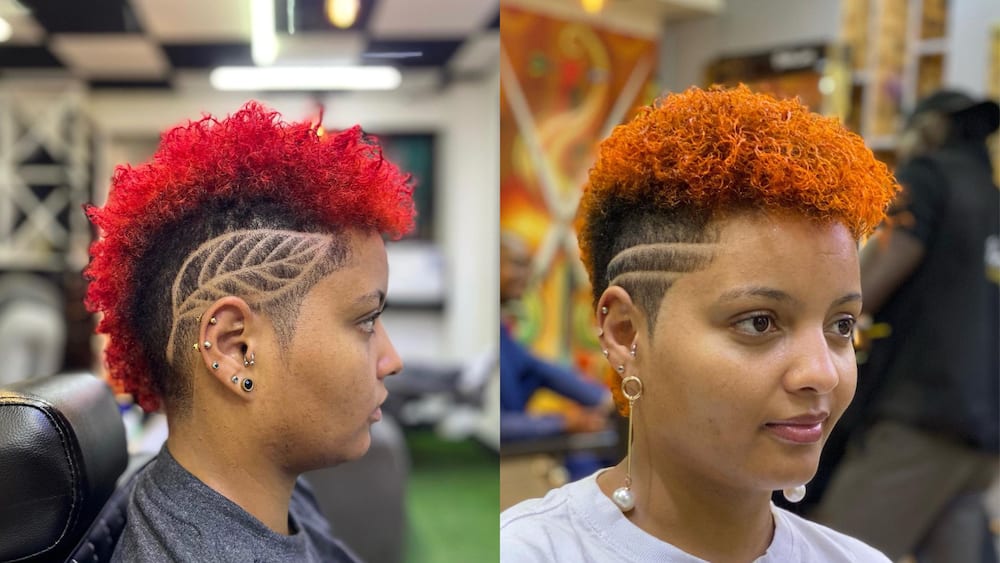 A woman in red and brown-coloured mullet haircuts