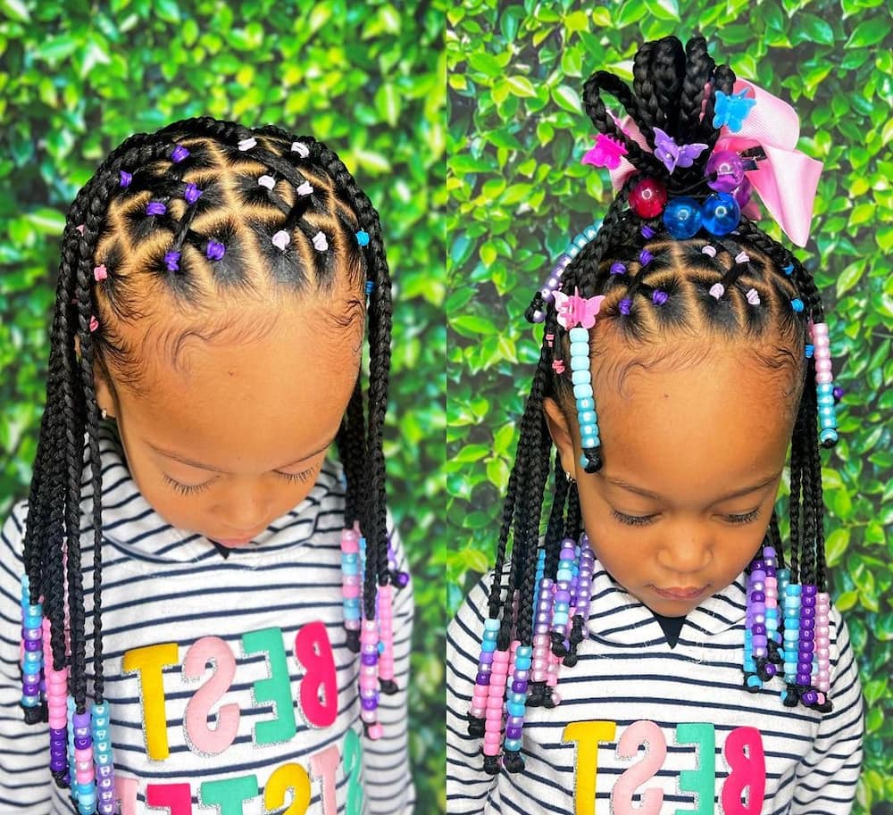 Close up of braid hair of little girl with colorful rubber bands