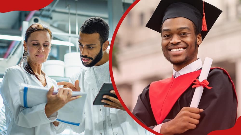 A collage of two scientist working in the laboratory and a student posing for a graduation photo