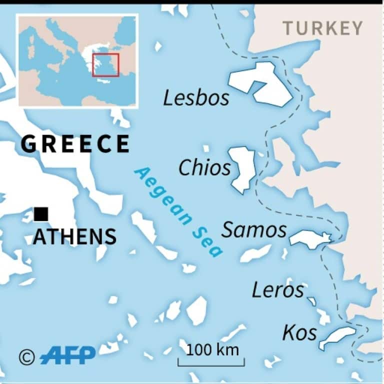 Map of the Aegean locating the Greek islands of Lesbos, Samos, Chios, Leros and Kos