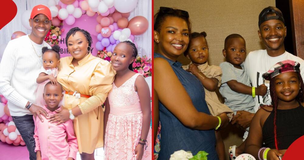 The left frame shows Samidoh and his kids with his wife Samidoh Muchoki, while the left frame shows the mugithi singer and his baby mama Karen Nyamu with their kids.