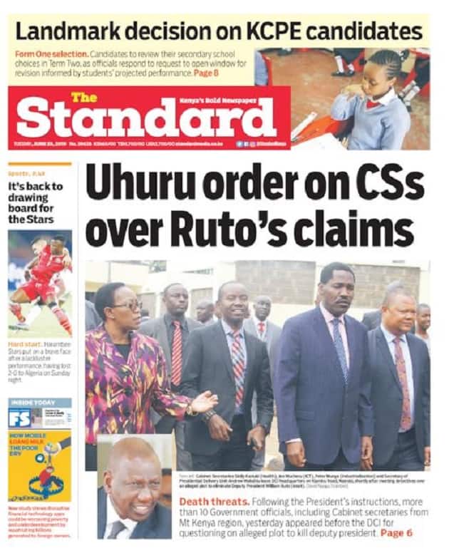 Kenyan Newspapers Review for June 25: Uhuru ordered DCI to investigate CSs over Ruto's assassination claims