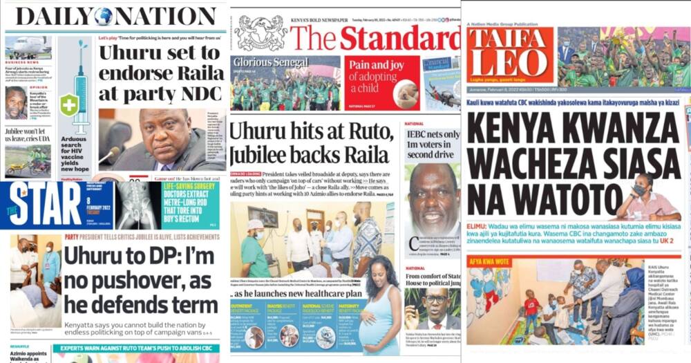 Newspapers Review for February 8: Boost for Raila as Uhuru Expected to Endorse Him During Jubilee NDC.