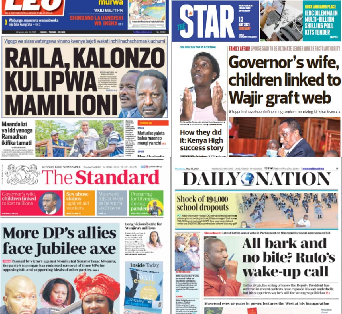 Magazeti Alhamisi, Mei 13: Jubilee Kumfurusha Kuria kwa Kupinga BBI ▷ Kenya News