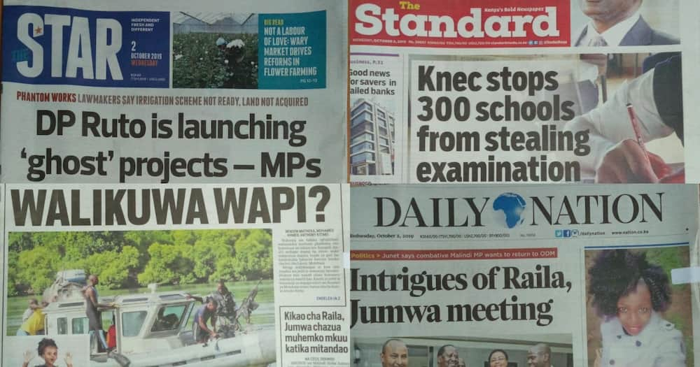 Magazeti ya Kenya Jumatano, Oktoba 2: DP Ruto amulikwa kwa kuzindua miradi hewa