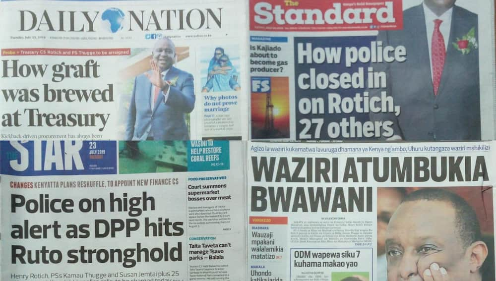 Kenyan newspaper review for July 23: CS Henry Rotich was watching DPP Haji's presser when detectives pounced on him