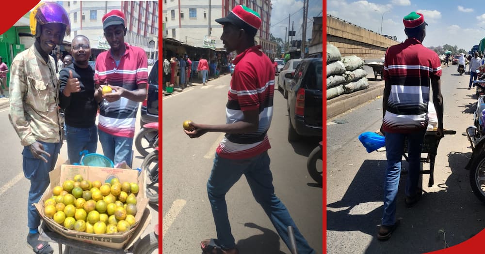 Kiambu man Anthony Mureithi selling oranges with a wheelbarrow.