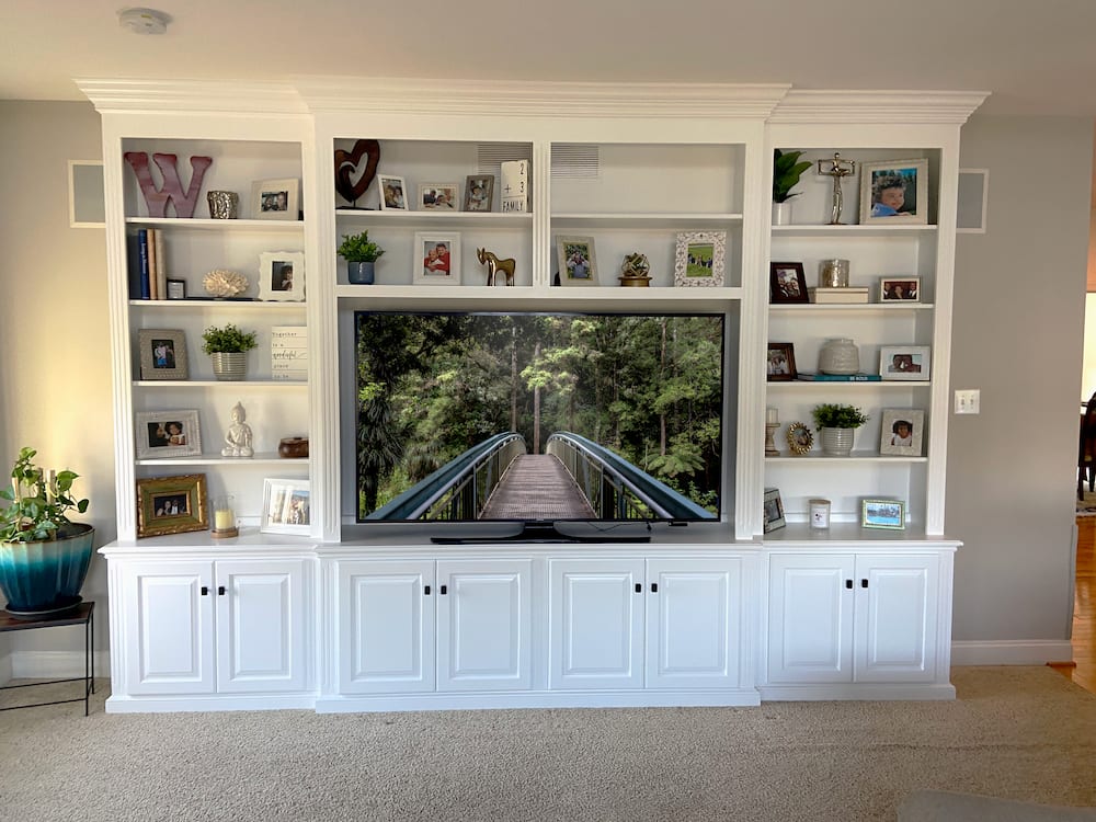 A built-in bookshelf wall unit
