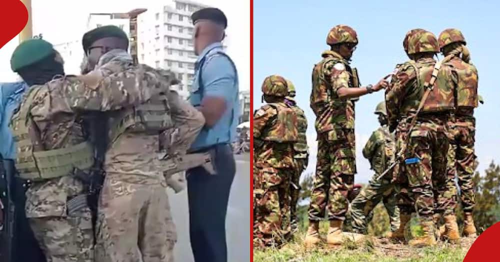 Collage of KDF soldiers in a scuffle with police officers (l) and soldiers during training (r0