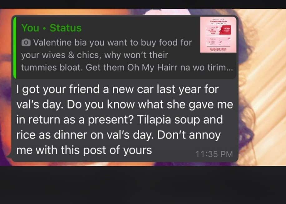 Man recounts 2020 Val's Day experience; says he bought wife car & she made light soup