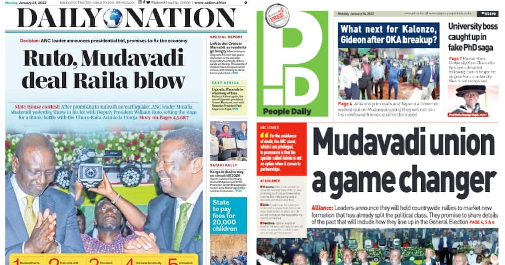 Kenyan Newspapers Review For January 24: Deputy President William Ruto and ANC's Musalia Mudavdi have united ahead of the August 9 polls.