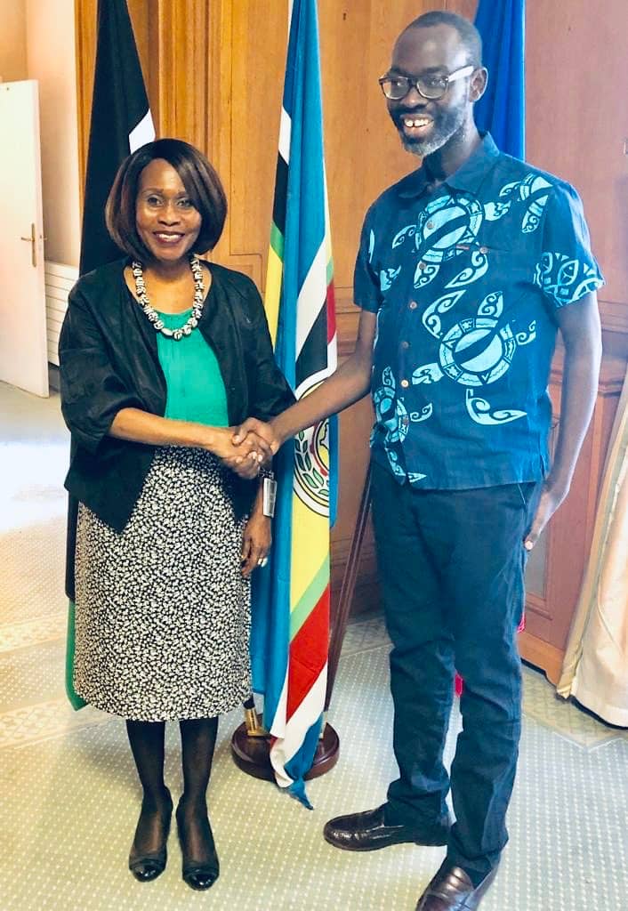 Recovering Kibra MP Ken Okoth visits Kenya's ambassador to France Judy Wakhungubluh