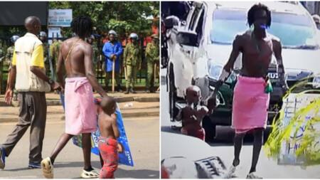 Kisumu Man, Son Draped in Towels Hold Peaceful Protest Against High Cost of Living