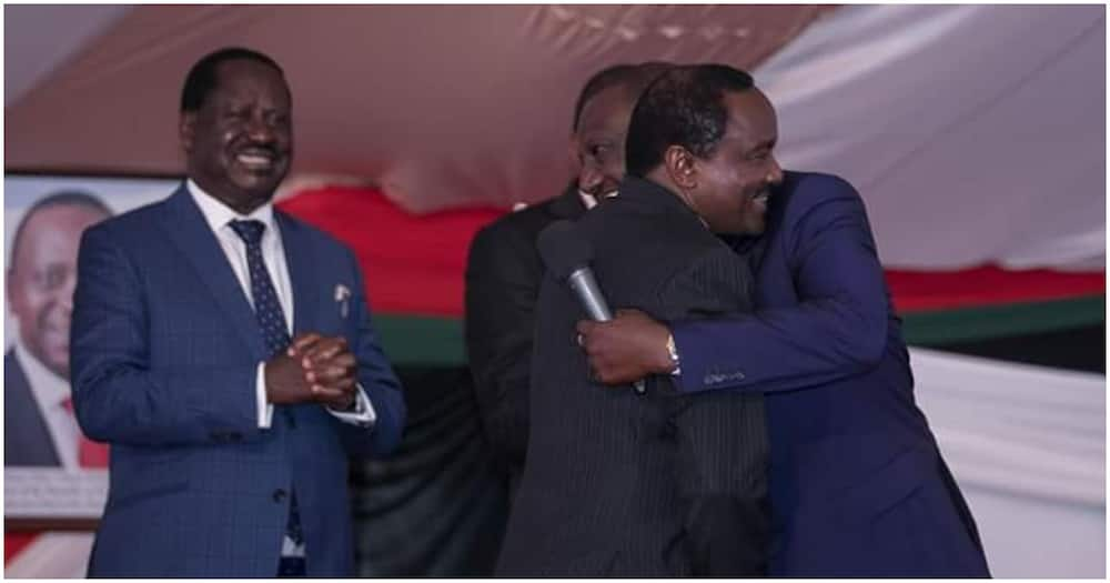 Deputy President William Ruto and Wiper leader Kalonzo Muskoya embrace each other as Raila Odinga looks. Photo: Dennis Itumbi.