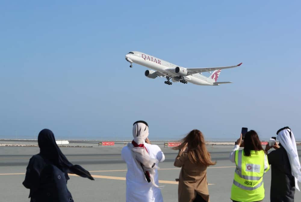 A Qatar Airways Airbus A350 airplane takes off from Hamad International Airport near the Qatari capital Doha