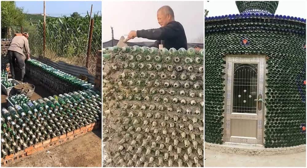 Photos of a man who used empty bottles to build a house.
