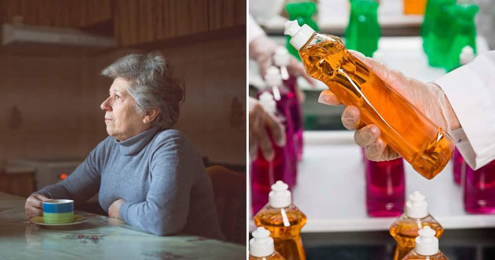 Elderly woman sitting drinking and dishwashing liquid