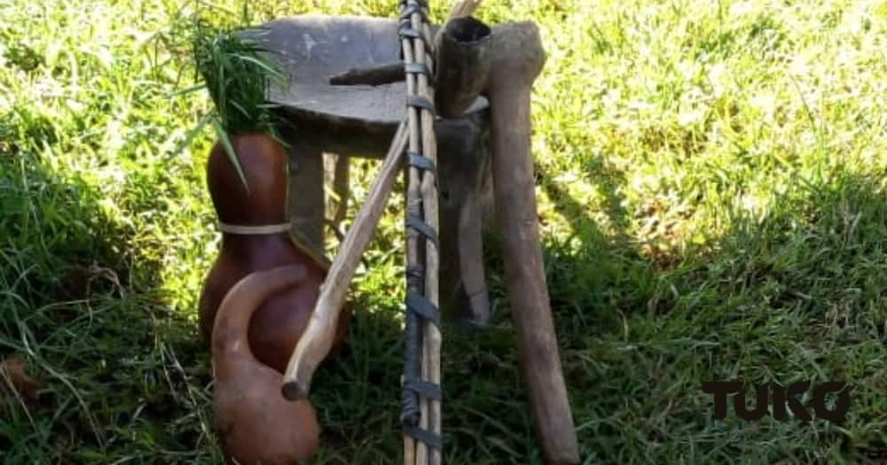 "The calabash having "Sinendet" as a lid was carried at the back this represented blessings of children", James Kibor a traditional Motiryot. Photo: TUKO.co.ke.