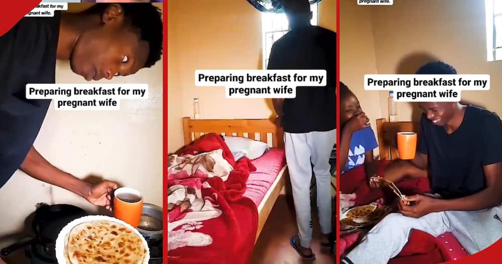 Romantic Kenyan man preparing breakfast for pregnant wife.
