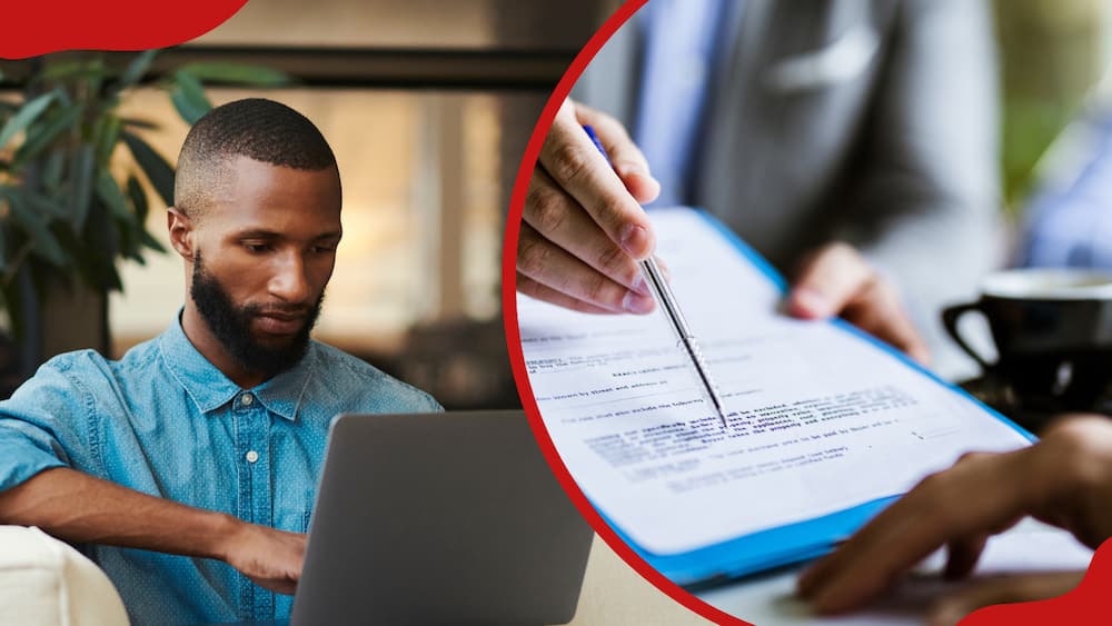 A collage of a man looking at his laptop and a person signing business documents