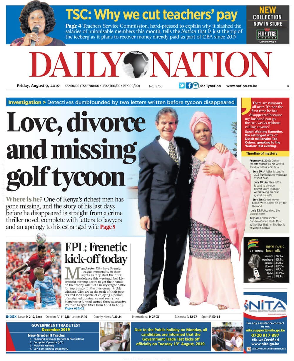 Kenyan newspapers review for August 9: City tycoon goes missing amid divorce case with estranged wife