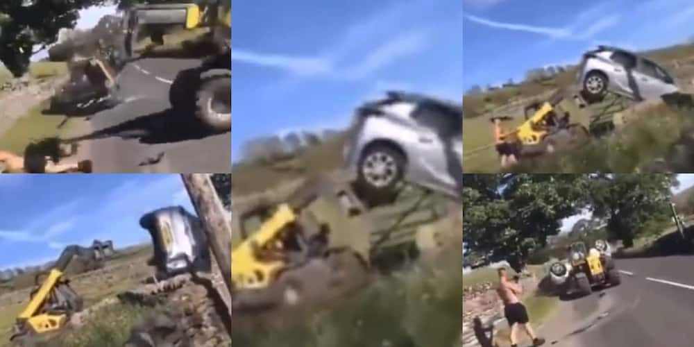 Angry Farmer Lifts & Drops Car With Tractor After Man Blocks His Gate