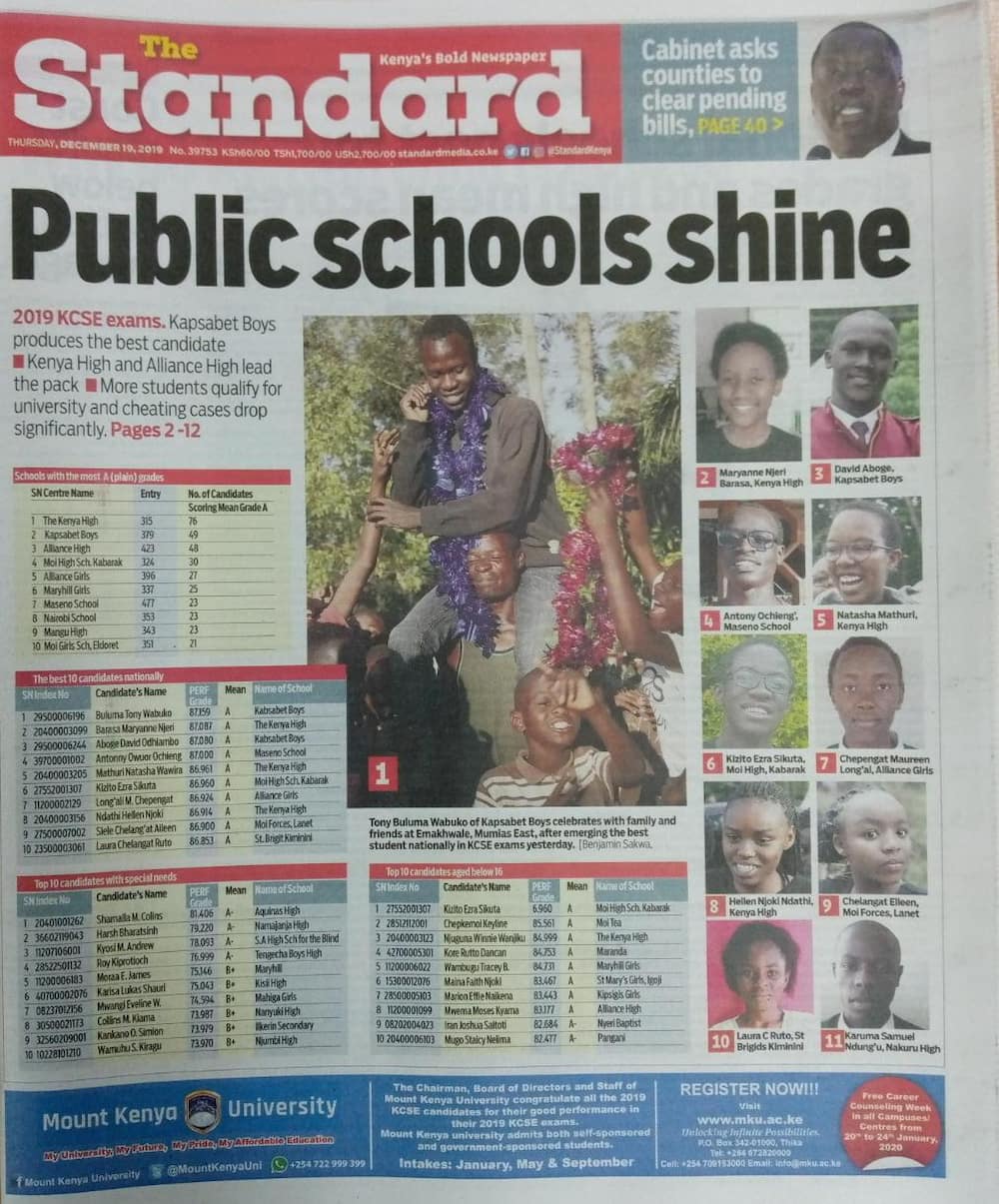 Magazeti ya Alhamisi, Disemba 19: Waliowika KCPE 2015 wazimwa KCSE 2019