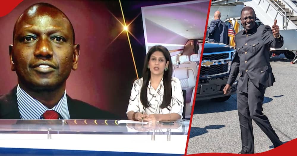 News anchor Palki Sharma reading bulletin against President Ruto's costly visit to US (l). President William Ruto land in US (r).