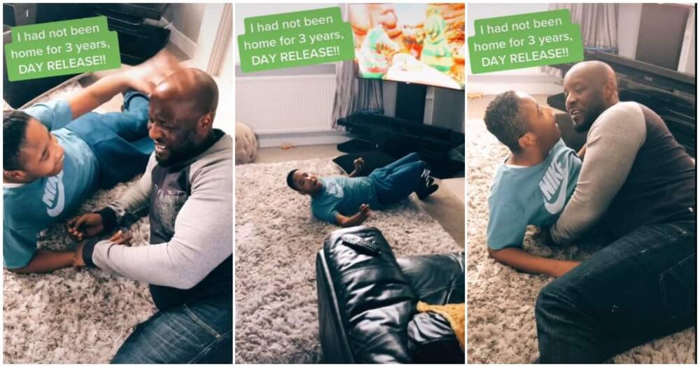 Man returns home after 3 years, man leaves prison after 3 years, dad kisses son.